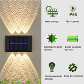 Solar wall light with features listed on the right